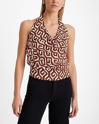 Printed Tie Halter Cowl Neck Banded Bottom Top