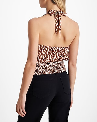 Printed Tie Halter Cowl Neck Banded Bottom Top