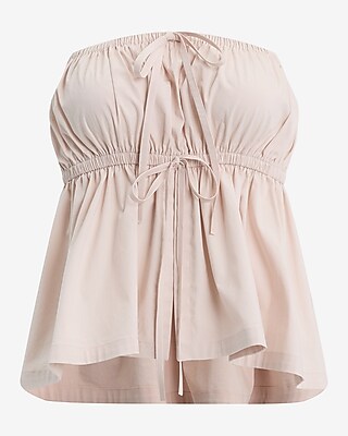 Stretch Cotton Poplin Tie Front Babydoll Tube Top