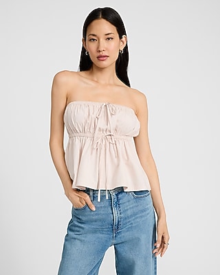 Stretch Cotton Poplin Tie Front Babydoll Tube Top