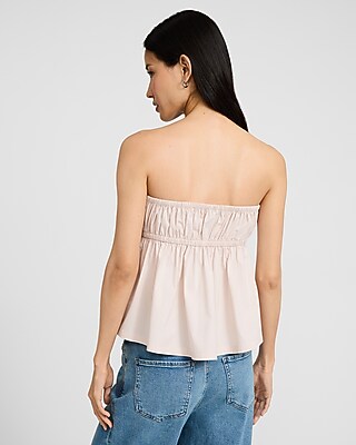 Stretch Cotton Poplin Tie Front Babydoll Tube Top