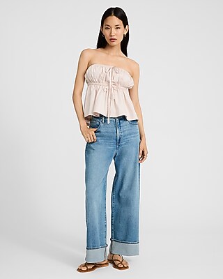 Stretch Cotton Poplin Tie Front Babydoll Tube Top