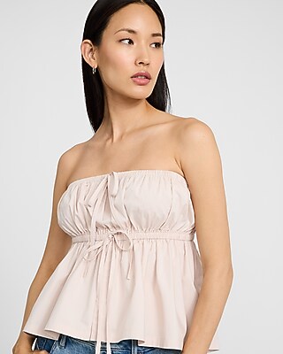 Stretch Cotton Poplin Tie Front Babydoll Tube Top