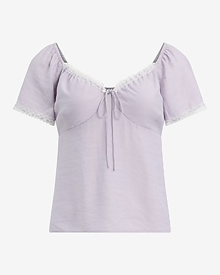 Lace Trim Sweetheart Short Sleeve Tie Front Top