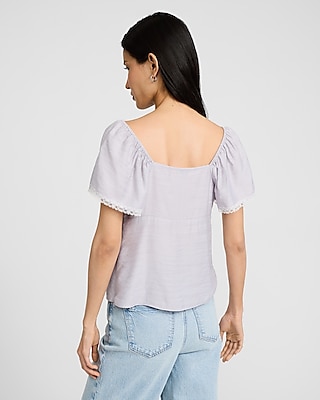 Lace Trim Sweetheart Short Sleeve Tie Front Top