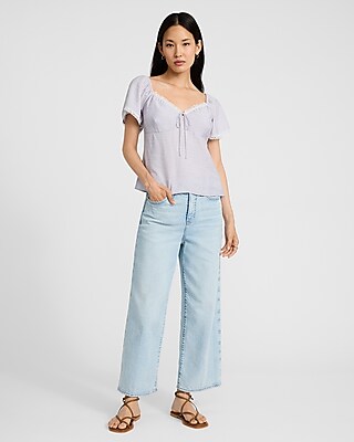 Lace Trim Sweetheart Short Sleeve Tie Front Top