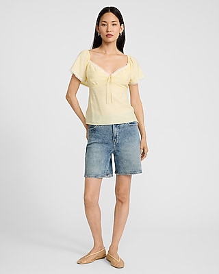 Lace Trim Sweetheart Short Sleeve Tie Front Top | Express