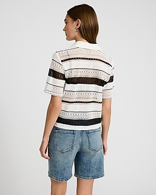 Crochet Striped Collared V-Neck Short Sleeve Top