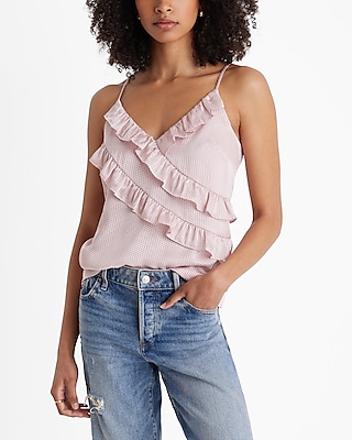 Satin Polka Dot V-Neck Ruffle Front Downtown Cami