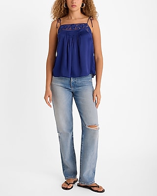 Lace Trim Pleated Front Tie Strap Cami