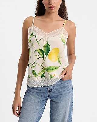 Satin Lemon Floral Lace Trim V-Neck Downtown Cami