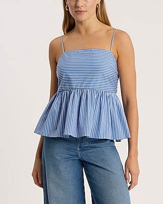 Striped Square Neck Smocked Bow Back Peplum Cami