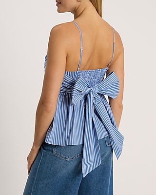 Striped Square Neck Smocked Bow Back Peplum Cami