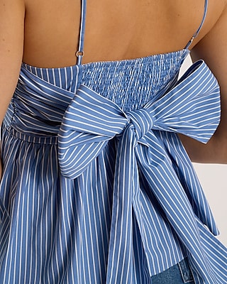 Striped Square Neck Smocked Bow Back Peplum Cami