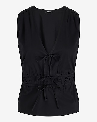 V-Neck Gathered Shoulder Tie Waist Peplum Tank