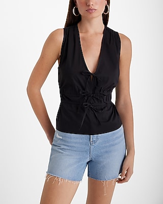 V-Neck Gathered Shoulder Tie Waist Peplum Tank
