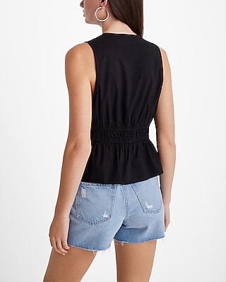 V-Neck Gathered Shoulder Tie Waist Peplum Tank