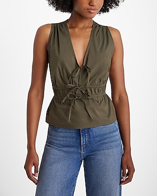 V-Neck Gathered Shoulder Tie Waist Peplum Tank