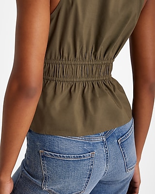 V-Neck Gathered Shoulder Tie Waist Peplum Tank