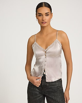 【papier】Cross Cami / Beige Washable Stretch Silk V-Neck Cami in Ivory