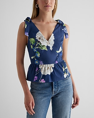 Floral V-Neck Tie Shoulder Peplum Tank