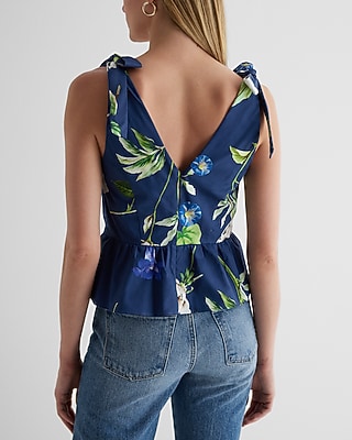Floral V-Neck Tie Shoulder Peplum Tank