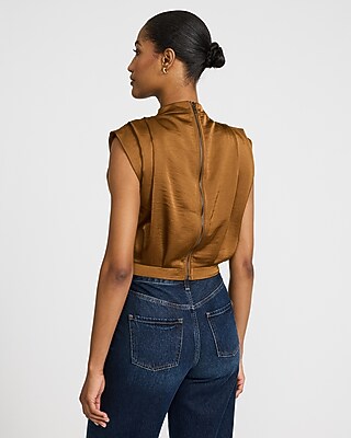 Satin Mock Neck Strong Shoulder Sleeveless Top - image 2