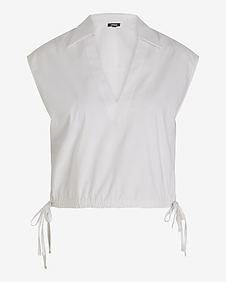 Poplin Collared V-Neck Drawstring Waist Top