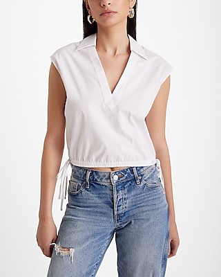 Poplin Collared V-Neck Drawstring Waist Top