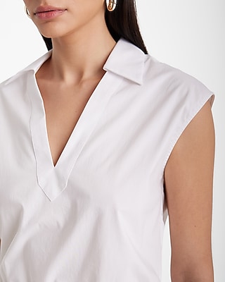 Poplin Collared V-Neck Drawstring Waist Top