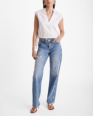 Poplin Collared V-Neck Drawstring Waist Top