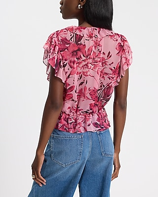 Floral V-Neck Ruffle Button Peplum Top