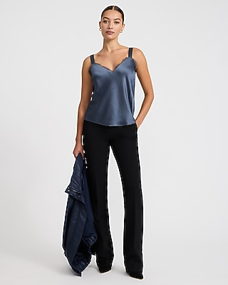 Leopard Satin Lace Trim V-Neck Wide Strap Cami
