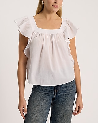 Square Neck Flutter Sleeve Ruffle Top