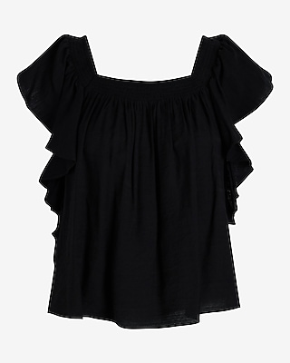 Square Neck Flutter Sleeve Ruffle Top