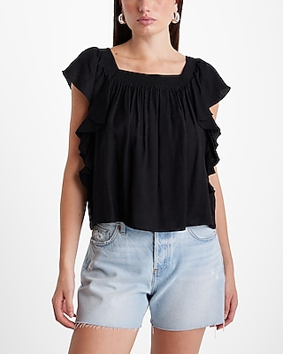 Square Neck Flutter Sleeve Ruffle Top