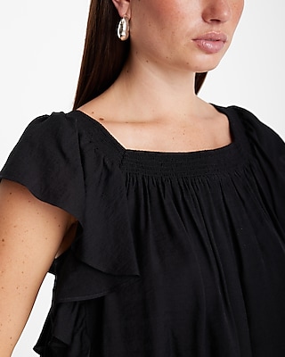 Square Neck Flutter Sleeve Ruffle Top