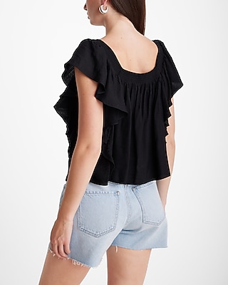 Square Neck Flutter Sleeve Ruffle Top