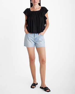 Square Neck Flutter Sleeve Ruffle Top