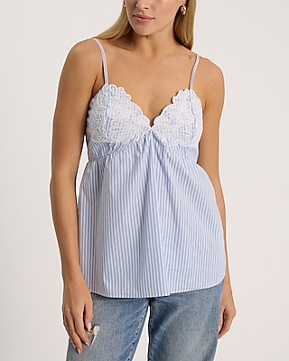 Striped Embroidered Lace V-Neck Cami