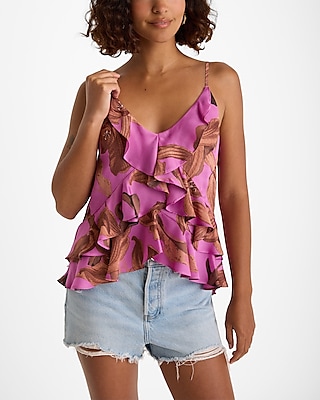 Satin Floral V-Neck Ruffle Front Downtown Cami