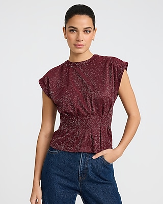 Shine Crew Neck Cap Sleeve Cinched Waist Top