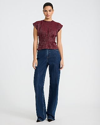 Shine Crew Neck Cap Sleeve Cinched Waist Top