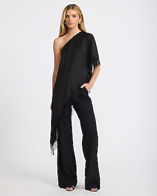 Satin Lace Trim One Shoulder Asymmetrical Tunic Top | Express