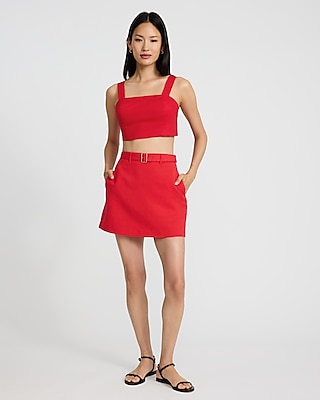 Linen-Blend Square Neck Tie Back Cropped Tank
