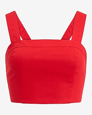 Linen-Blend Square Neck Tie Back Cropped Tank