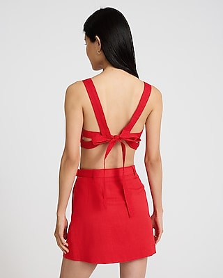 Linen-Blend Square Neck Tie Back Cropped Tank