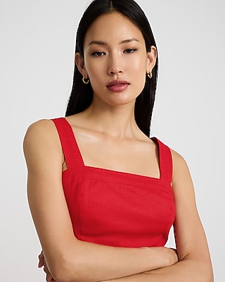 Linen-Blend Square Neck Tie Back Cropped Tank