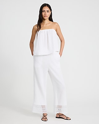 High Waisted Gauze Lace Hem Pull On Wide Leg Ankle Pant