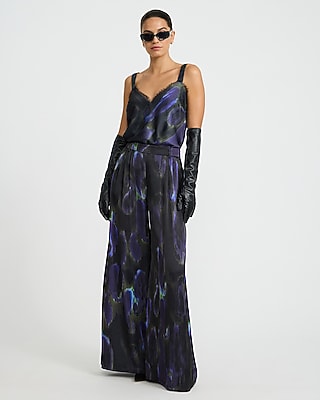 Printed Satin Lace Trim V-Neck Wide Strap Cami